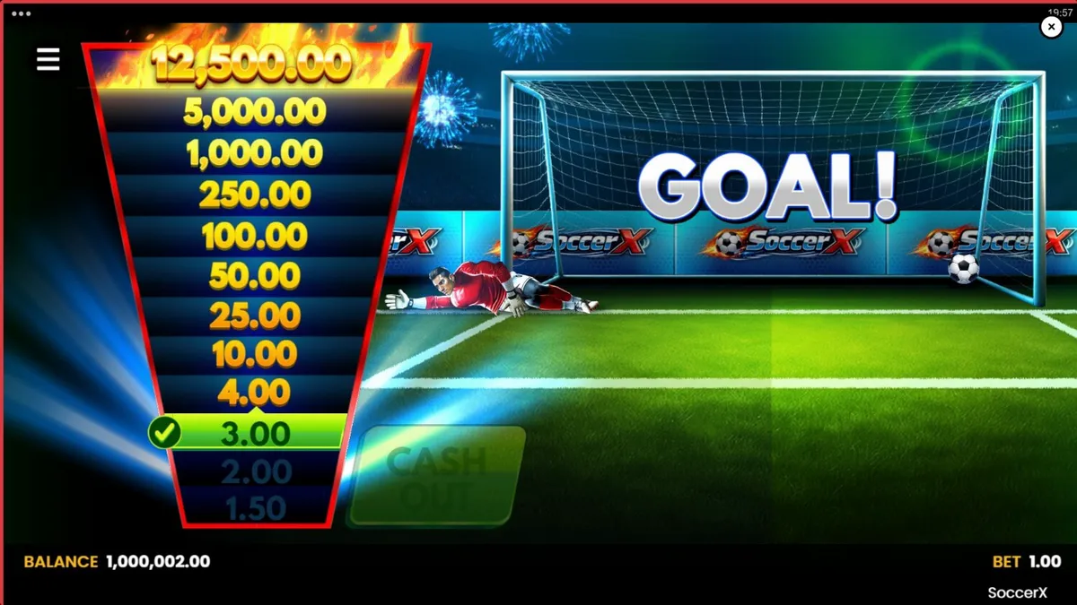 Interface de jogo do slot SoccerX com foco na escada de multiplicadores e no campo de futebol.